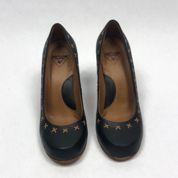 John Fluevog Black Heels with Tan Stitching - Picture 3 of 11